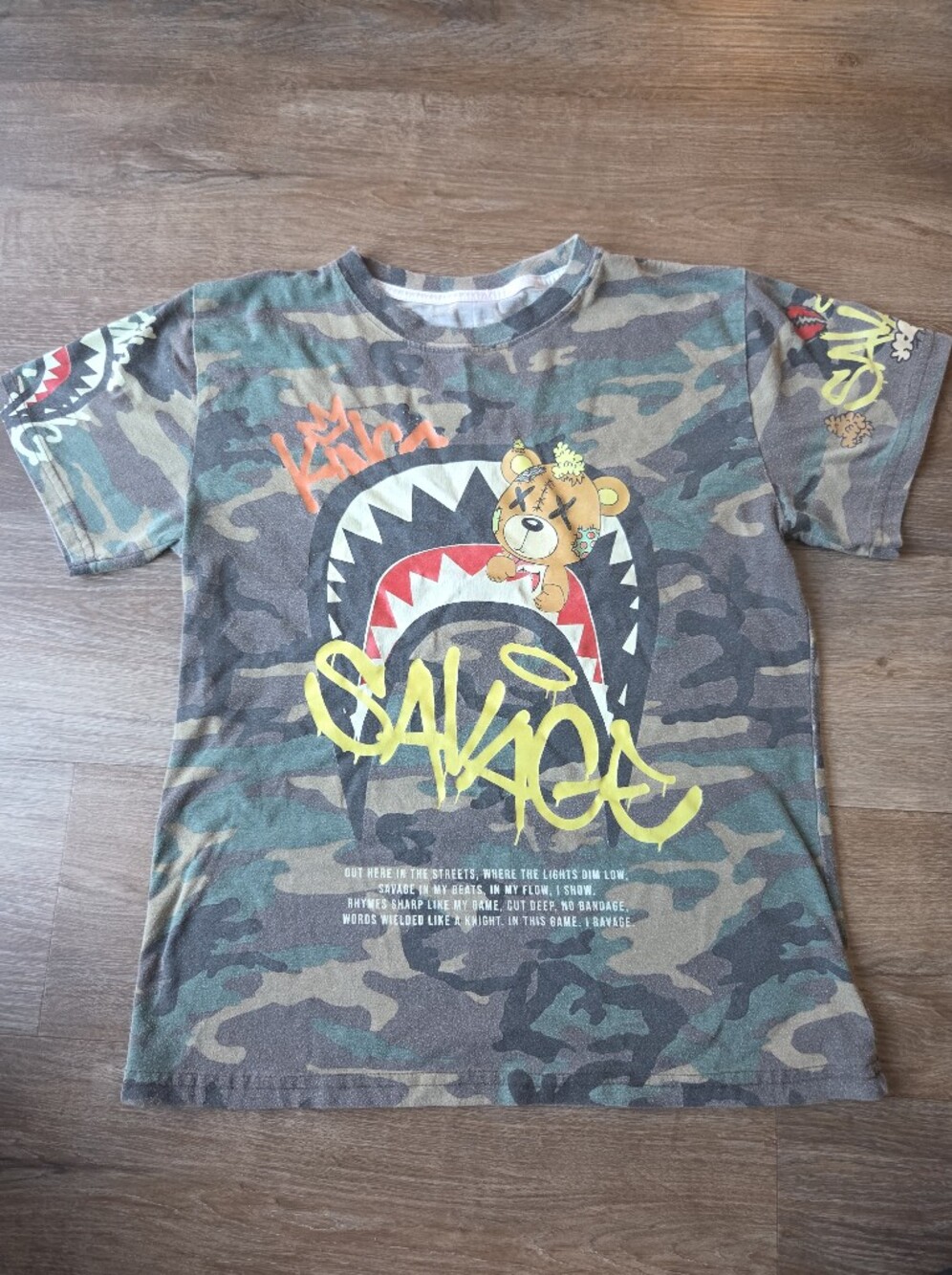 Fresh Laundry Adult Tee Shirt "Savage" Bear Shark Mouth Graphic size Large